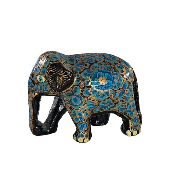 Hand-Painted Paper Mache Wood Elephant Figurine Blue Gold Floral Black 2" - Picture 1 of 8